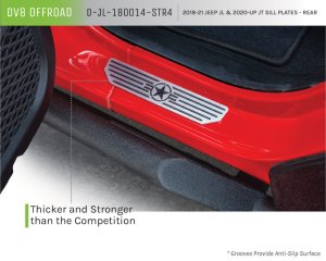 Jeep Wrangler Sill Plates - Rear - DV8 Offroad - Extruded Aluminum, Anodized Finish, Raised Brushed Accent Bars - Black - `18-`20